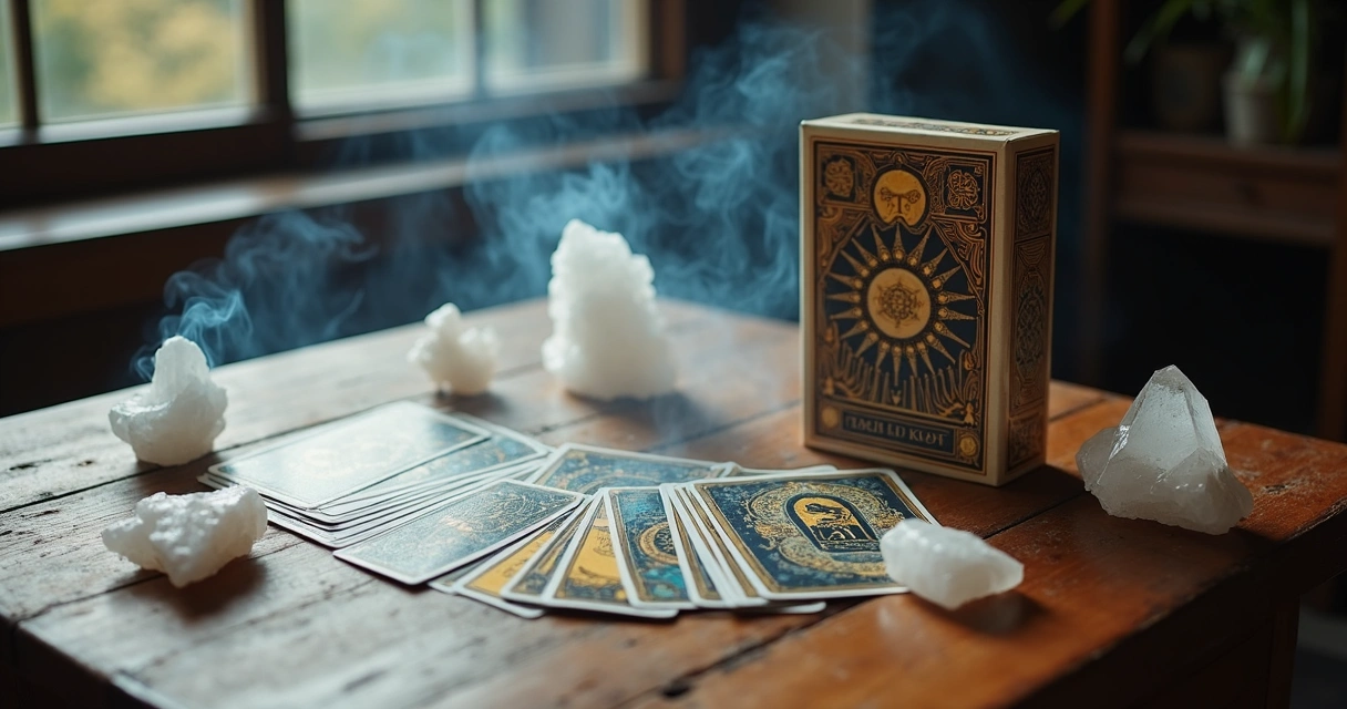 Cartas de tarô novas cercadas de cristais claros sob uma mesa de madeira 