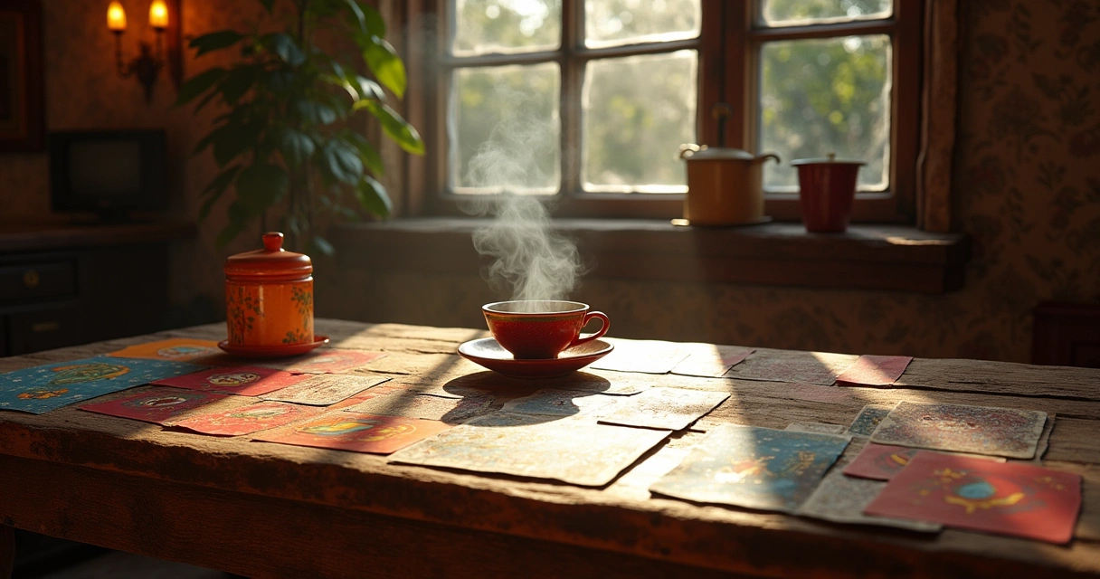 Baralho de tarô sobre mesa de madeira, chá, caderno com anotações e velas ao fundo