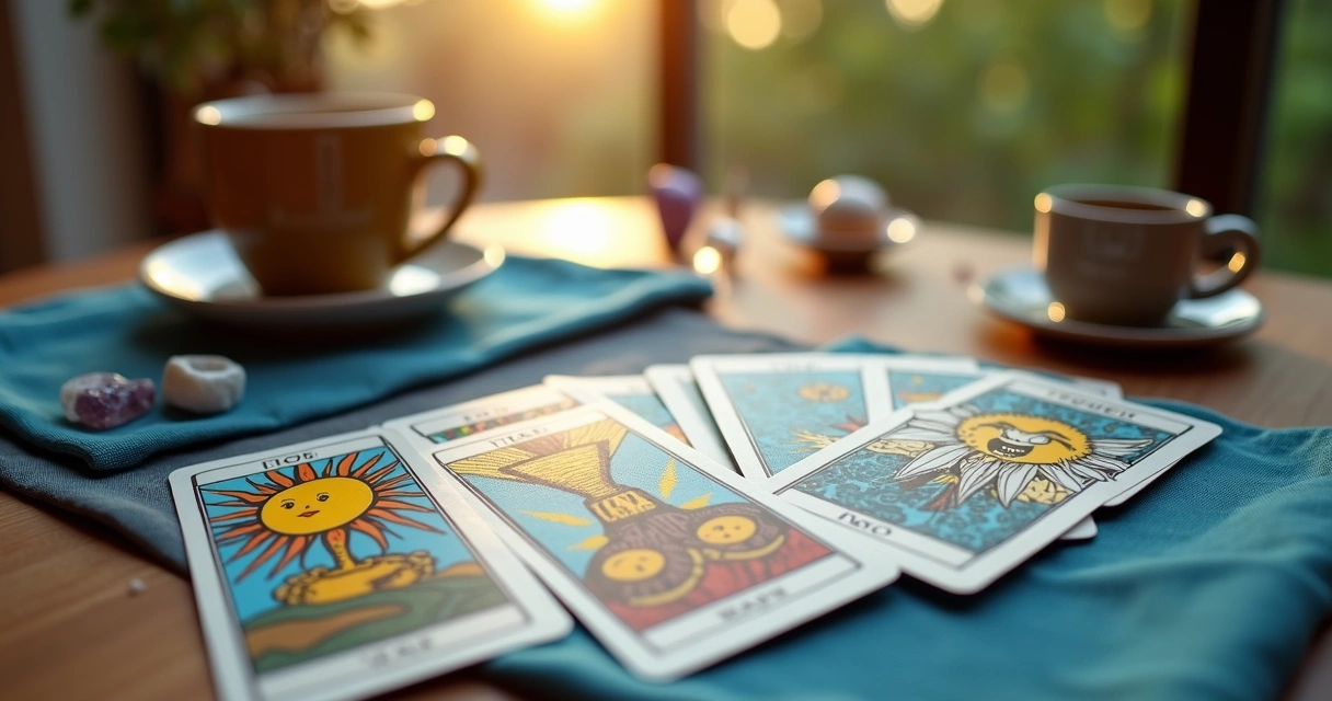 Baralho de tarot aberto com cartas coloridas sobre uma toalha azul 