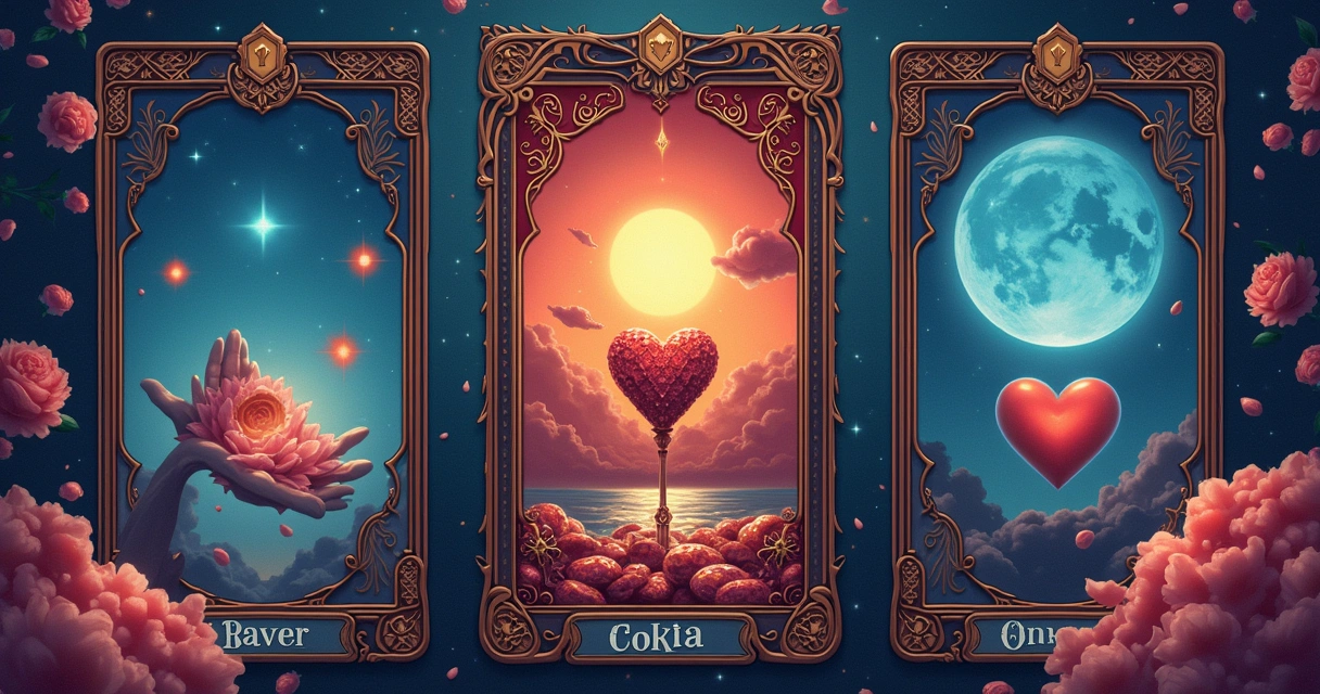 Baralho de Tarot com cartas de amor, corações, velas e um céu estrelado, simbolizando relacionamentos e autoconhecimento.