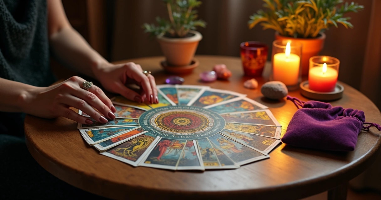 Cartas de tarot organizadas sobre uma mesa de madeira 