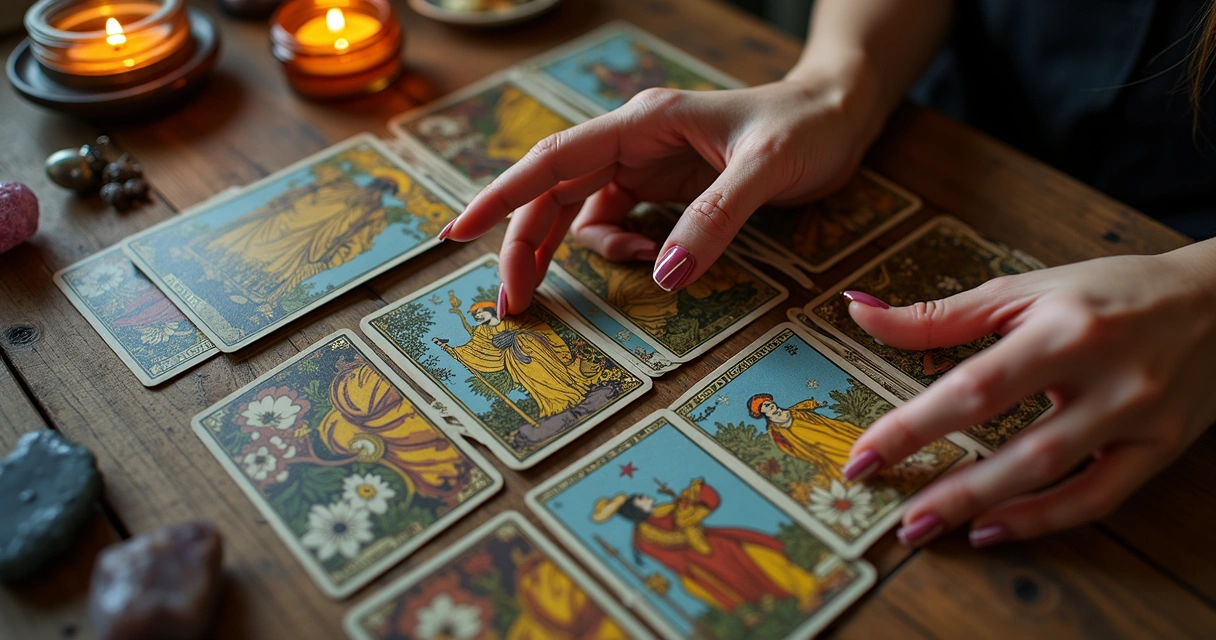 Cartas do tarot na mesa com mãos femininas 