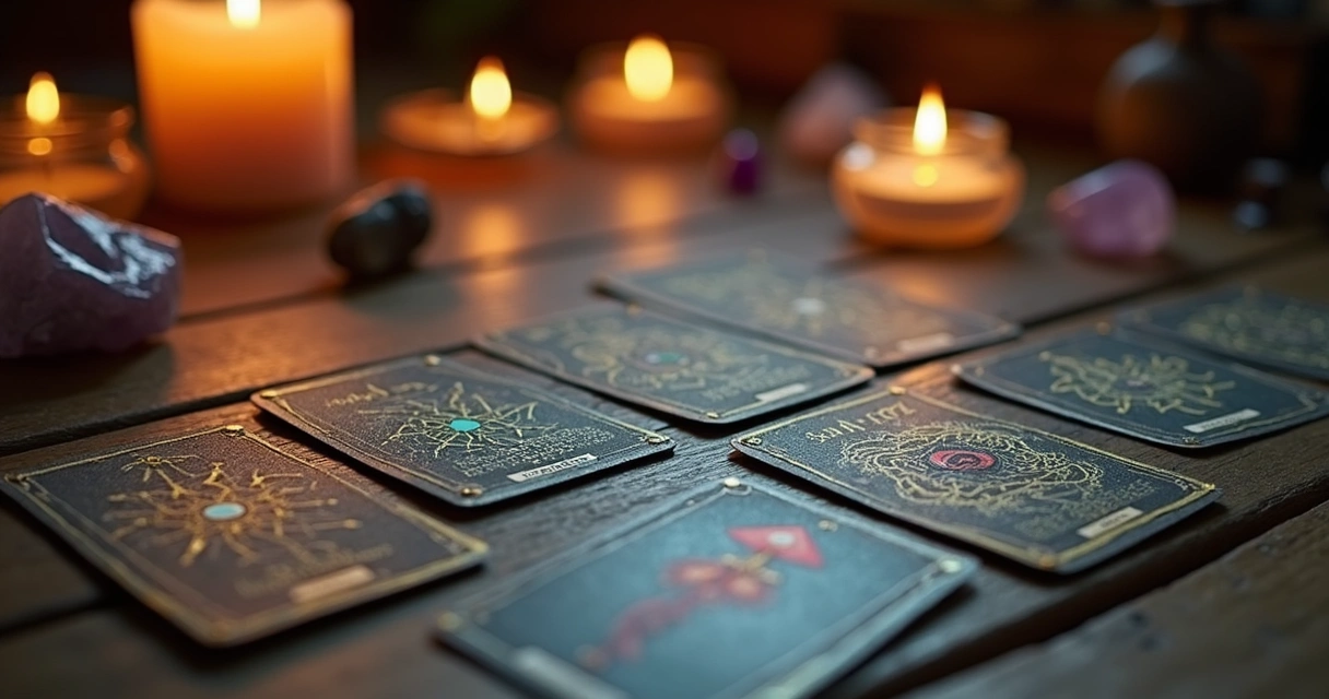 Cartas de tarot dispostas em uma mesa iluminada 