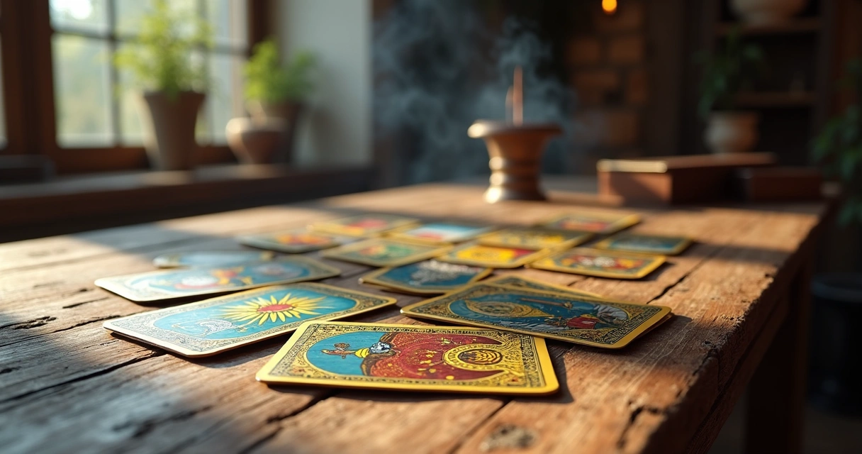 Cartas do tarot espalhadas sobre mesa de madeira 
