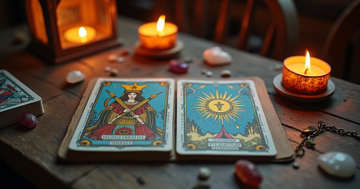 Baralho de tarot ao lado de cartas comuns de cartomancia 