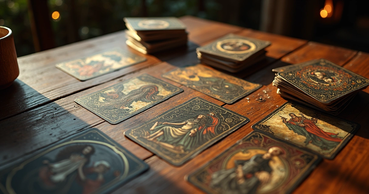 Cartas de tarot coloridas organizadas em uma mesa de madeira 