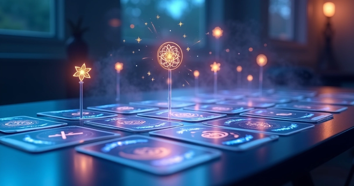 Baralho de tarot digitalizado sobre um fundo azul com símbolos místicos 