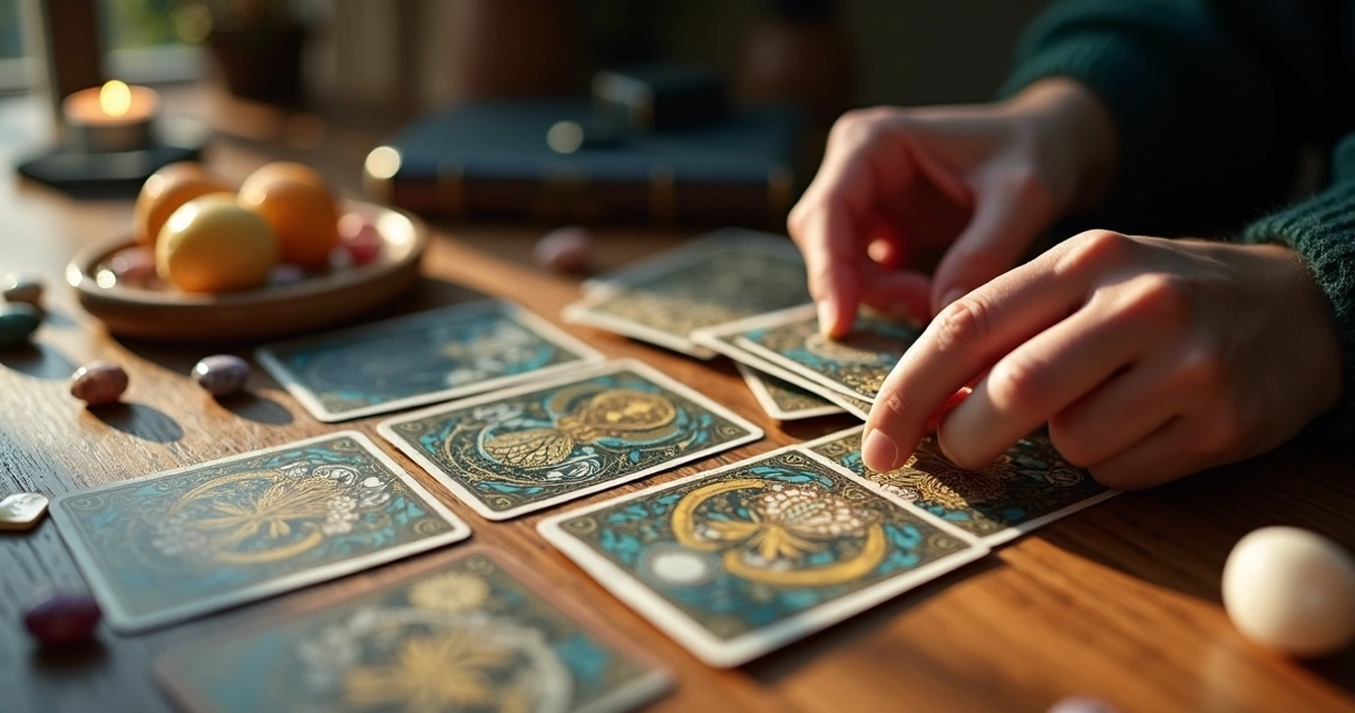 Baralho de tarot com cartas invertidas sobre uma mesa de madeira 