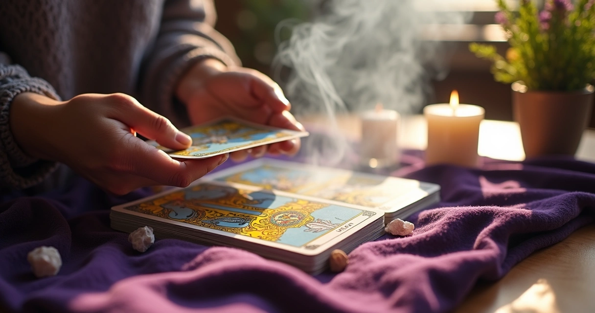 Baralho de tarot sendo limpo com fumaça de incenso 