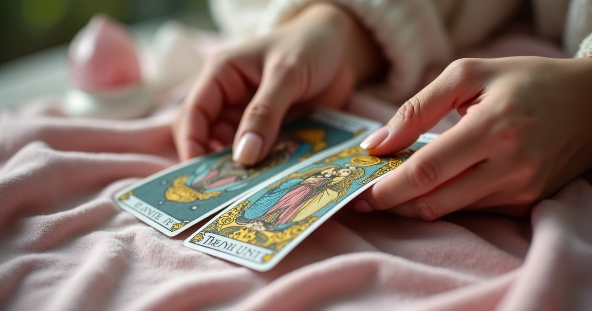 Mãos femininas segurando cartas de tarot 