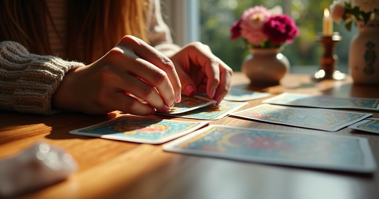 Mãos femininas embaralhando cartas de tarot em uma mesa 