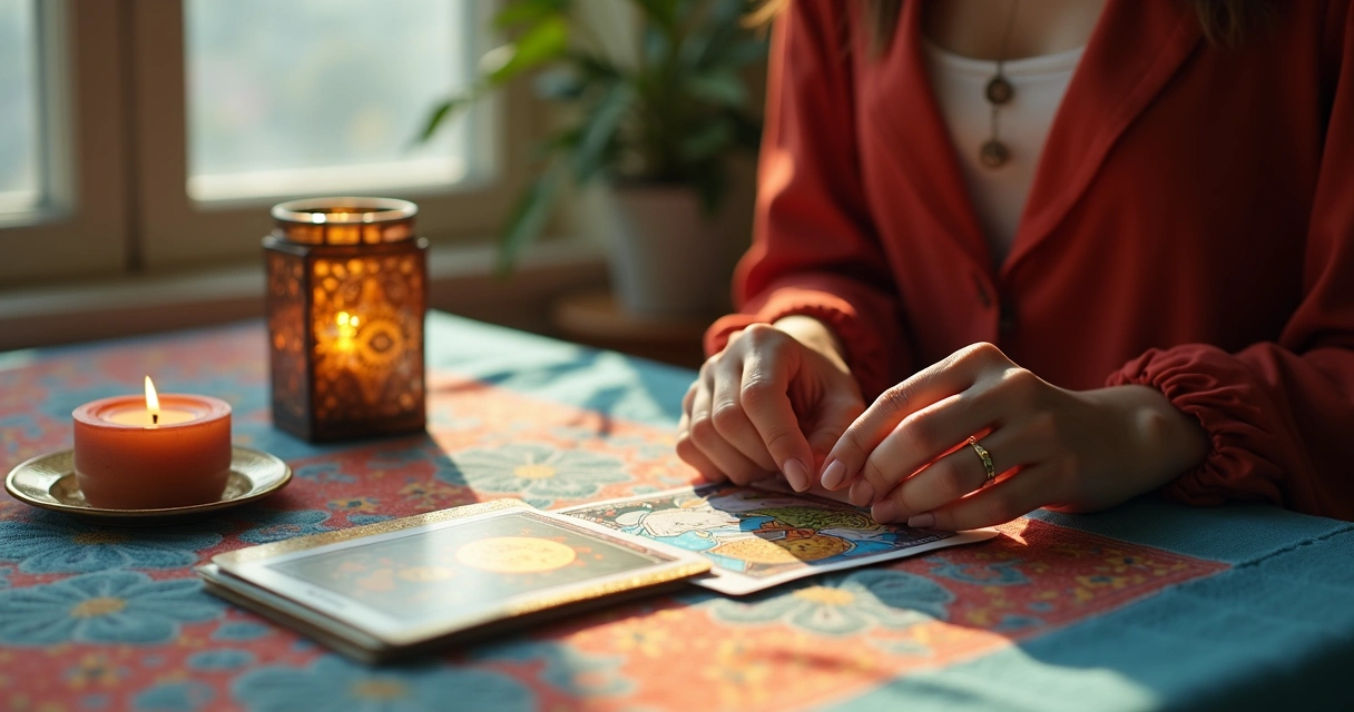 Baralho de tarot e mãos próximas a vela acesa 