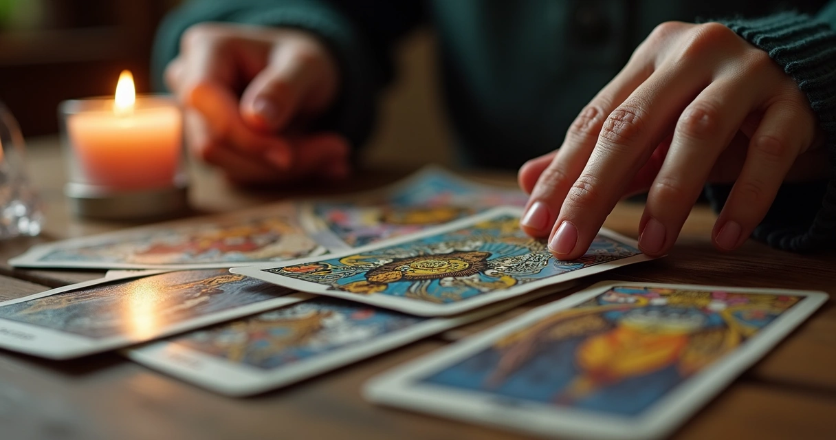 Cartas de tarot dispostas em mesa para leitura. 