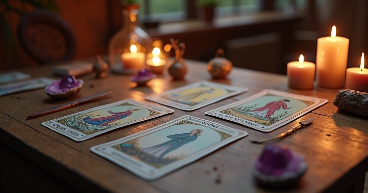 Baralho de tarot organizado cuidadosamente em uma mesa com velas ao fundo 