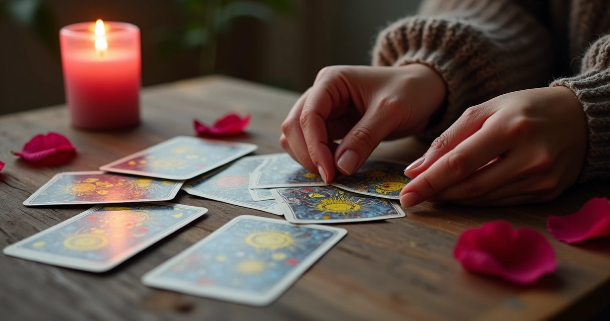 Cartas de tarot abertas sobre uma mesa de madeira, mãos femininas embaralhando cartas. 