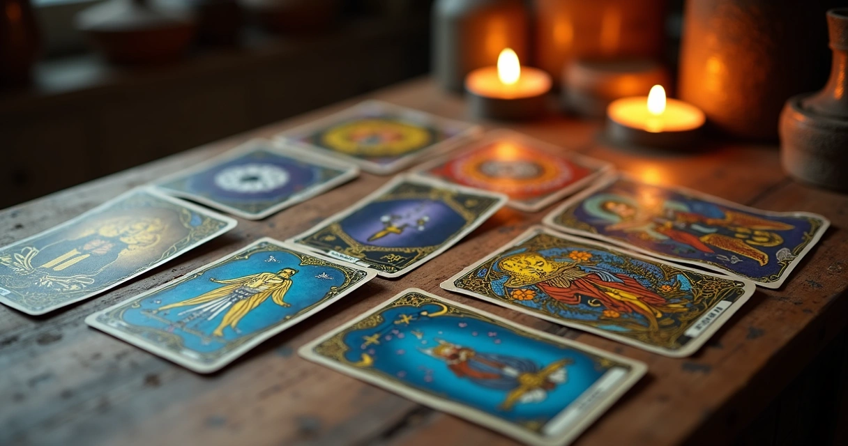 Baralho de tarot colorido aberto sobre uma mesa de madeira 