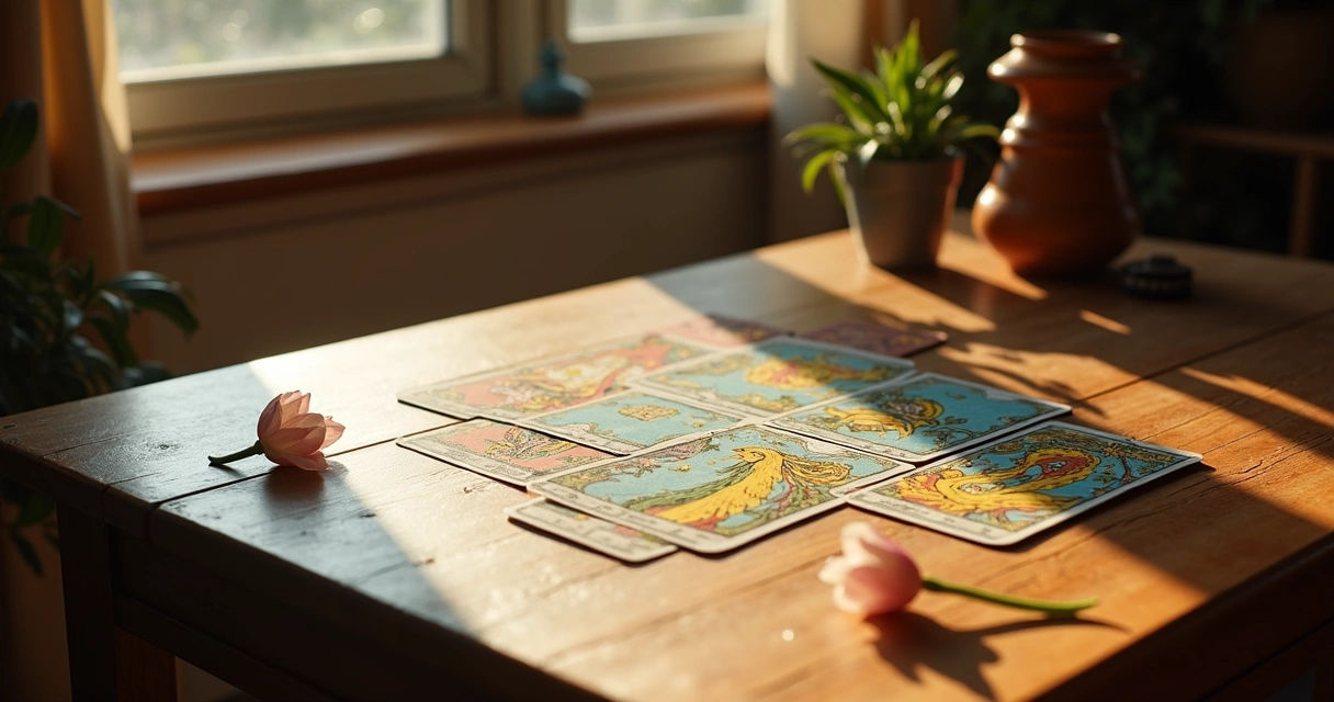 Cartas de tarot abertas numa mesa de madeira com uma flor ao lado 