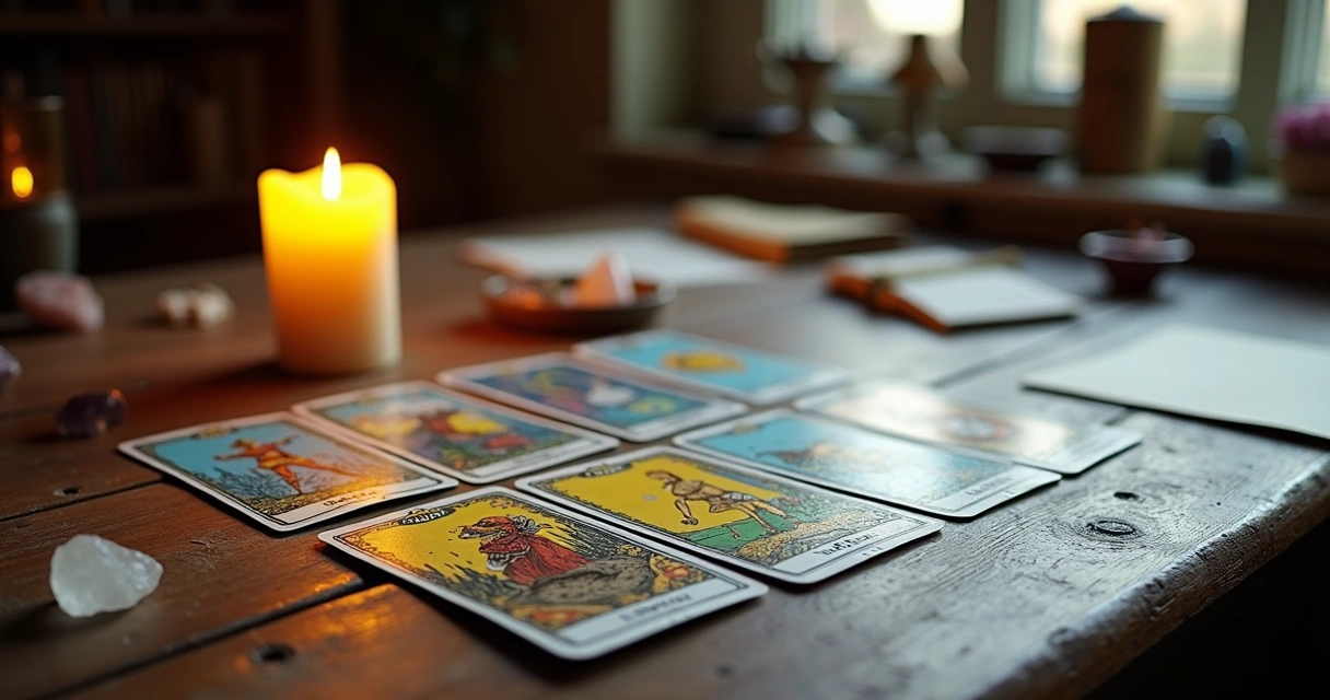 Baralho de tarot sobre mesa com vela acesa 