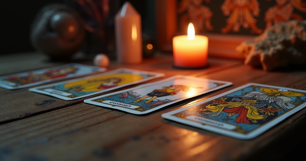 Baralho de tarot aberto em mesa com vela acesa 
