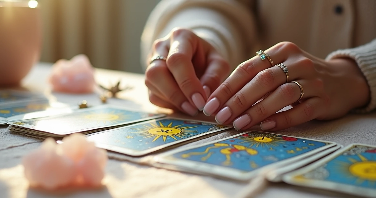 Baralho de tarot embaralhado nas mãos de uma mulher 