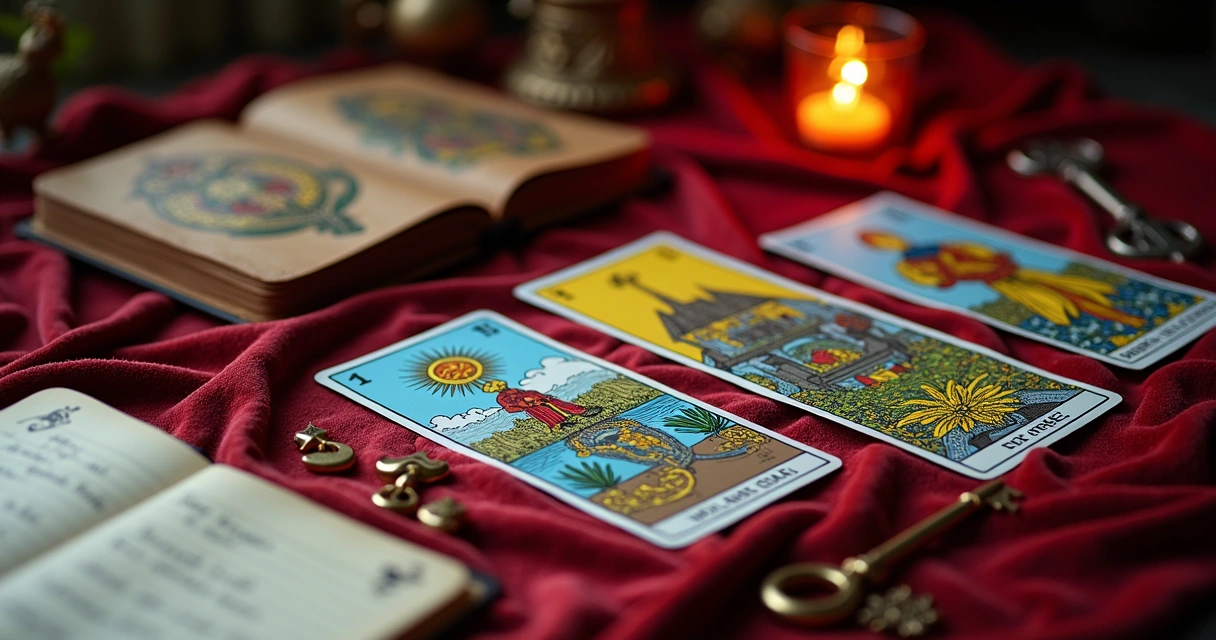 Baralho de tarot, cartas espalhadas num tapete com símbolos de casa 