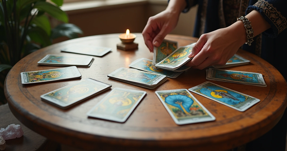Baralho de tarot sobre uma mesa de madeira clara com cartas coloridas sendo embaralhadas 