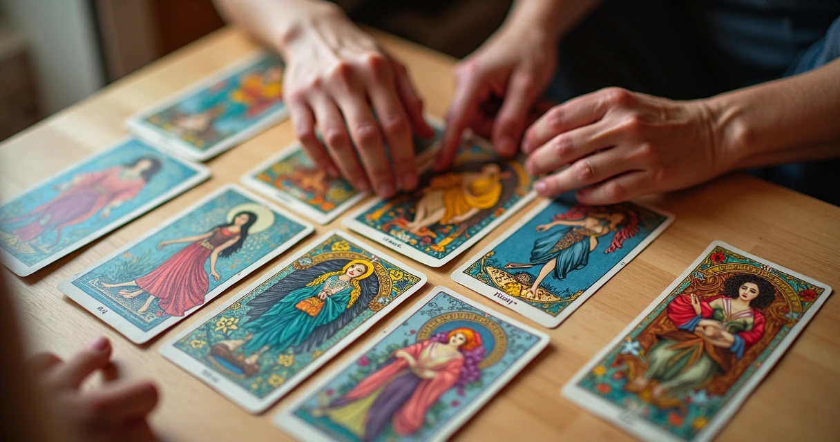 Baralhos de tarot com imagens femininas e coloridas sobre mesa de madeira 