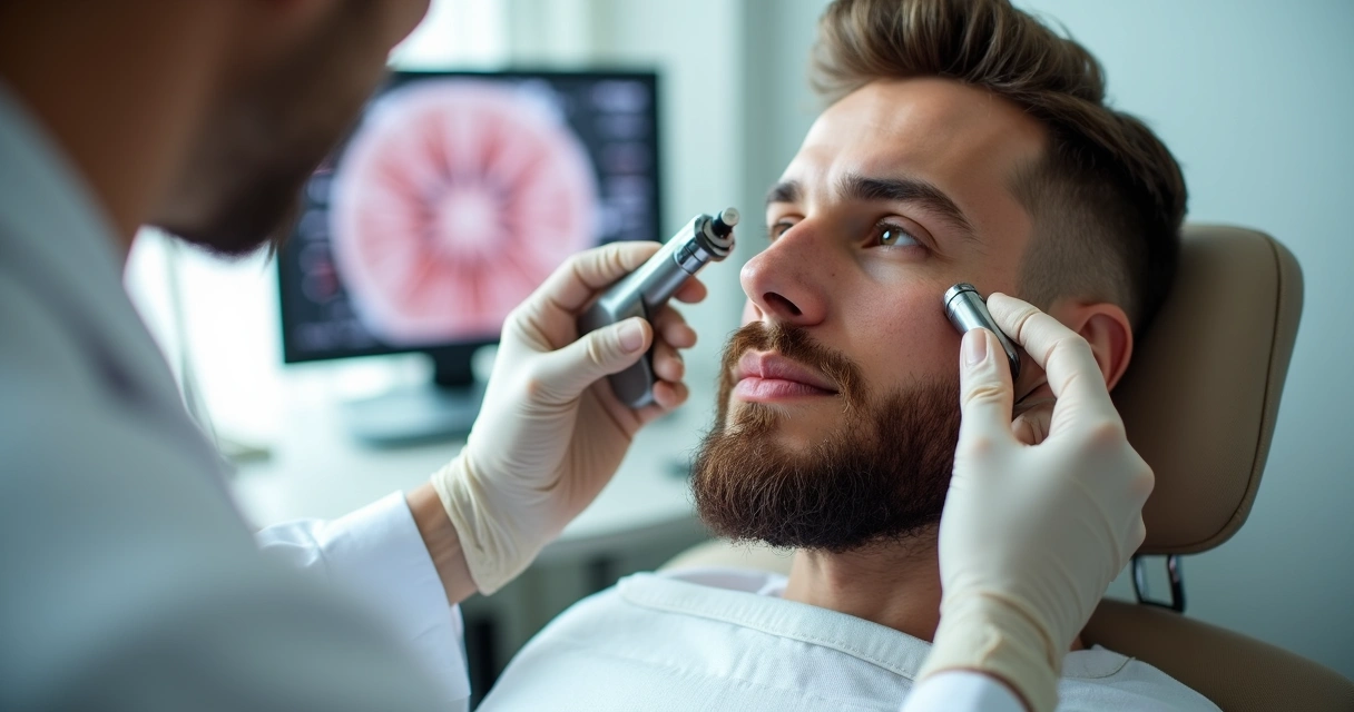 Homem com falhas na barba sendo avaliado por especialista em clínica moderna 