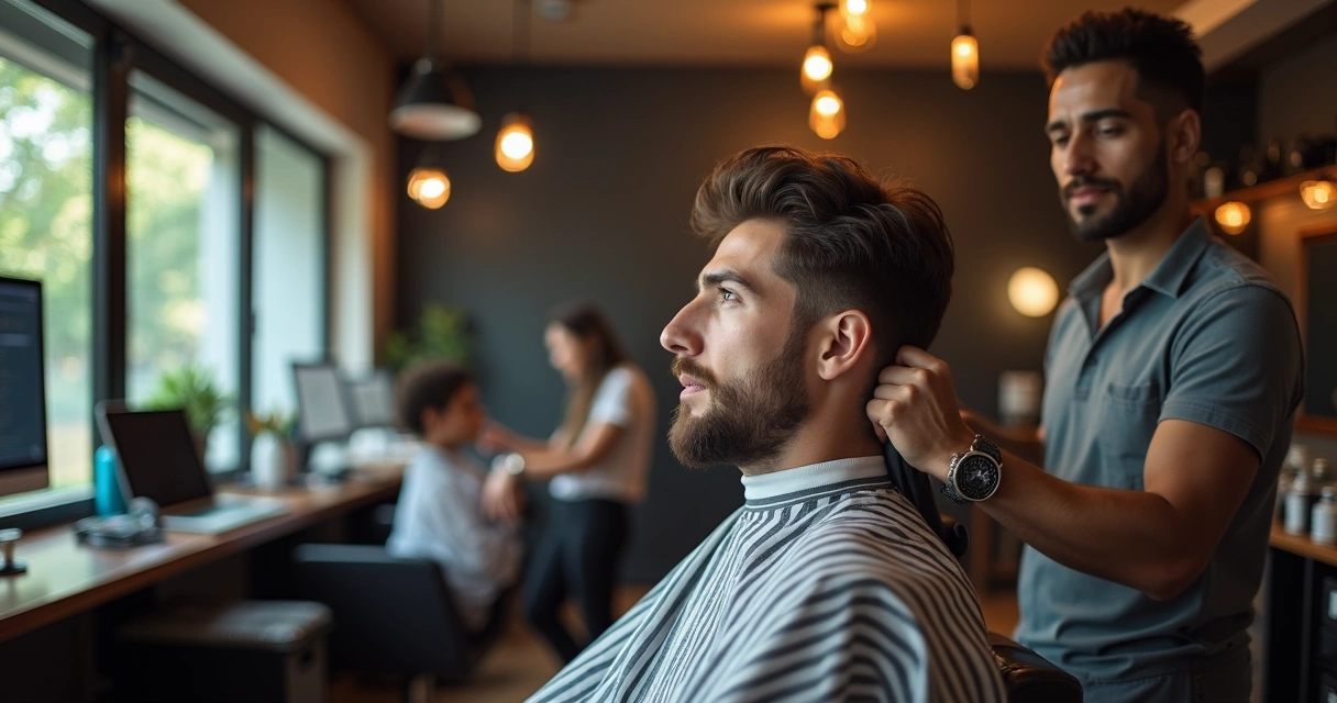 Barbearia moderna com barbeiro atendendo cliente e sistema digital de agendamento na tela do computador 