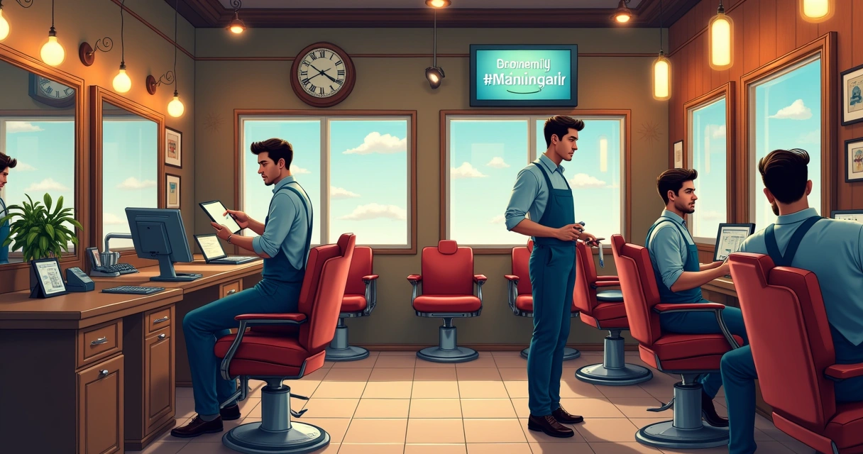 Barbearia clássica com elementos modernos, poltronas de couro vintage ao lado de computadores e tablets 