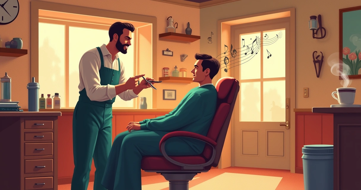 Interior of a cozy barbershop with a customer getting a haircut and a barista offering coffee.