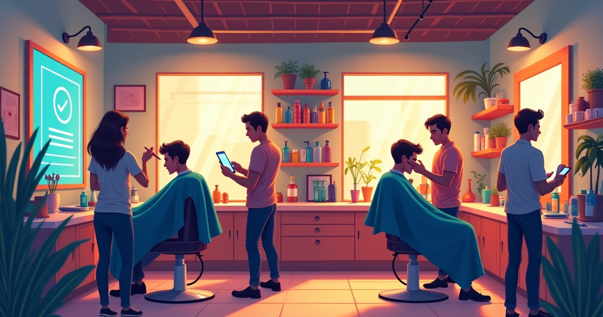 Barbearia vibrante com estilista realizando um corte, exibição de lembrete de agendamento e clientes conversando.