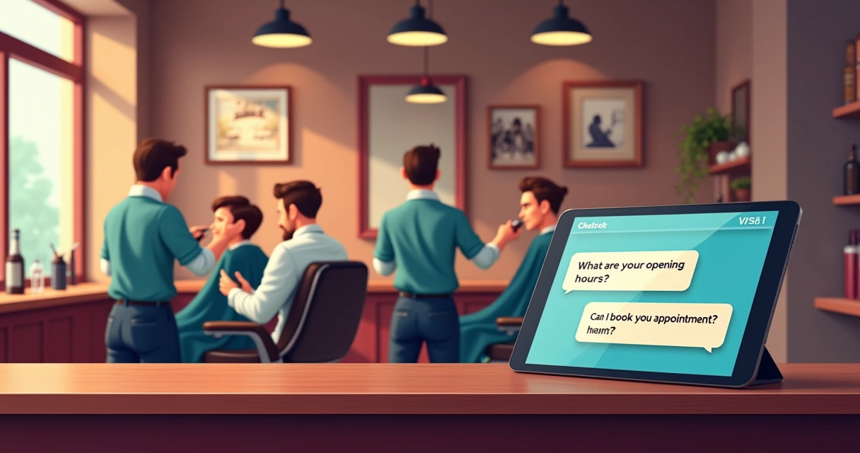 Ilustração de um interior moderno de barbearia com tablet mostrando chatbot respondendo perguntas.