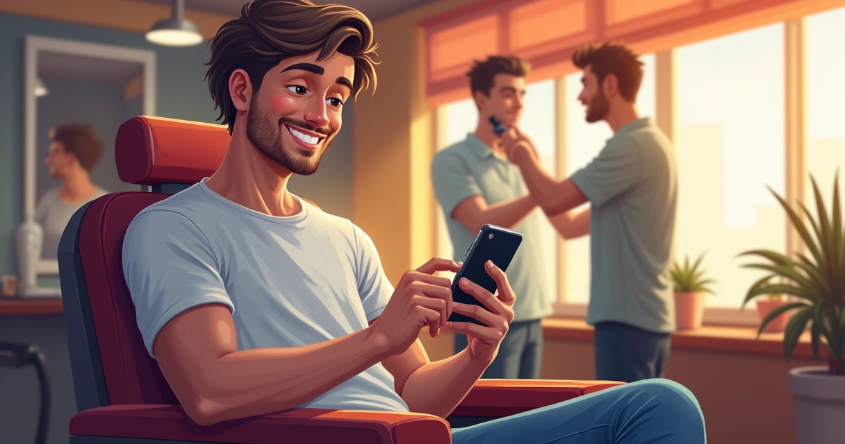 Cliente sorrindo ao receber mensagem de benefício em barbearia 