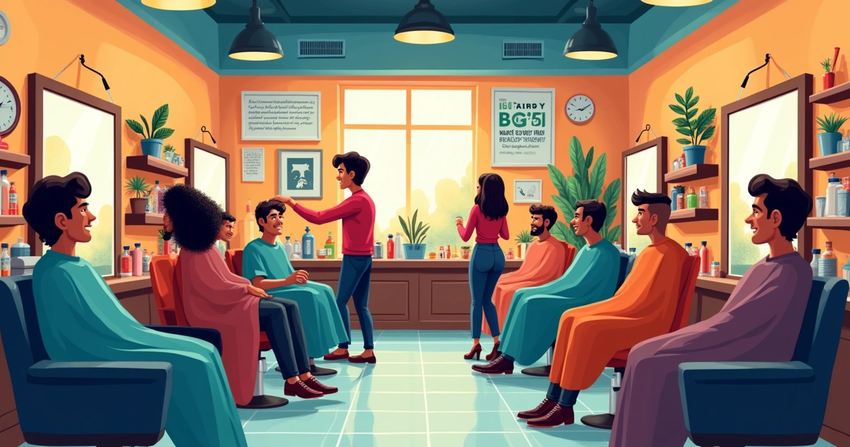 Barbearia movimentada com clientes satisfeitos, barbearia decorada e promoções visíveis.