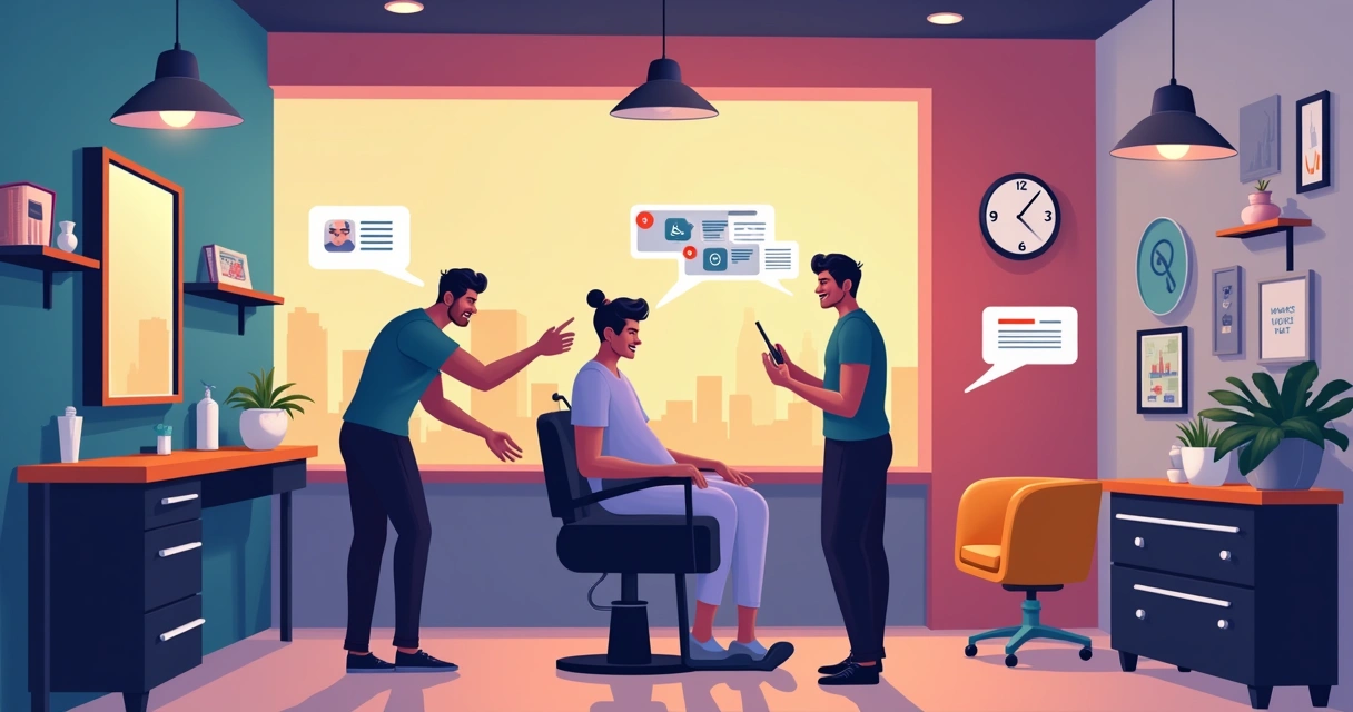 Ilustração de uma barbearia moderna com comunicação digital e interação amigável entre cliente e barbeiro.