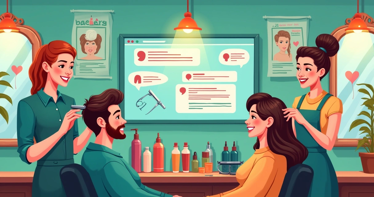 Barbershop scene with stylists, happy customers, social media posts, and vibrant decor.