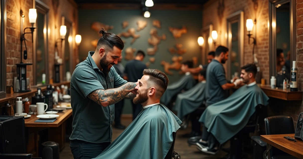 Equipe de barbearia trabalhando com alegria, clientes felizes e ambiente moderno decorado com produtos.