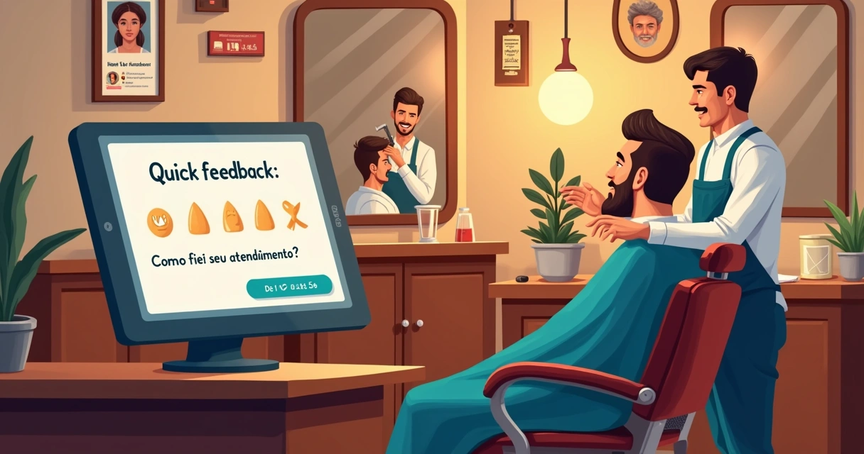Ilustração de uma barbearia com atendente e cliente, tablet com pesquisa de feedback visível.