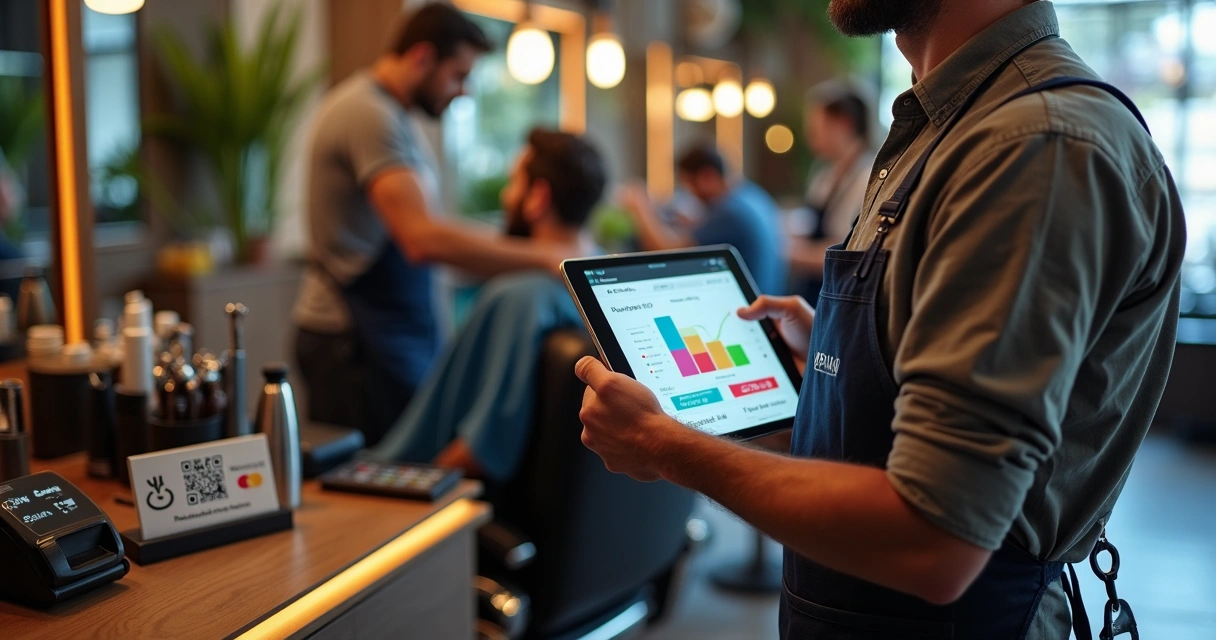 Dono de barbearia usando tablet para gestão financeira ao lado de cadeira de atendimento 