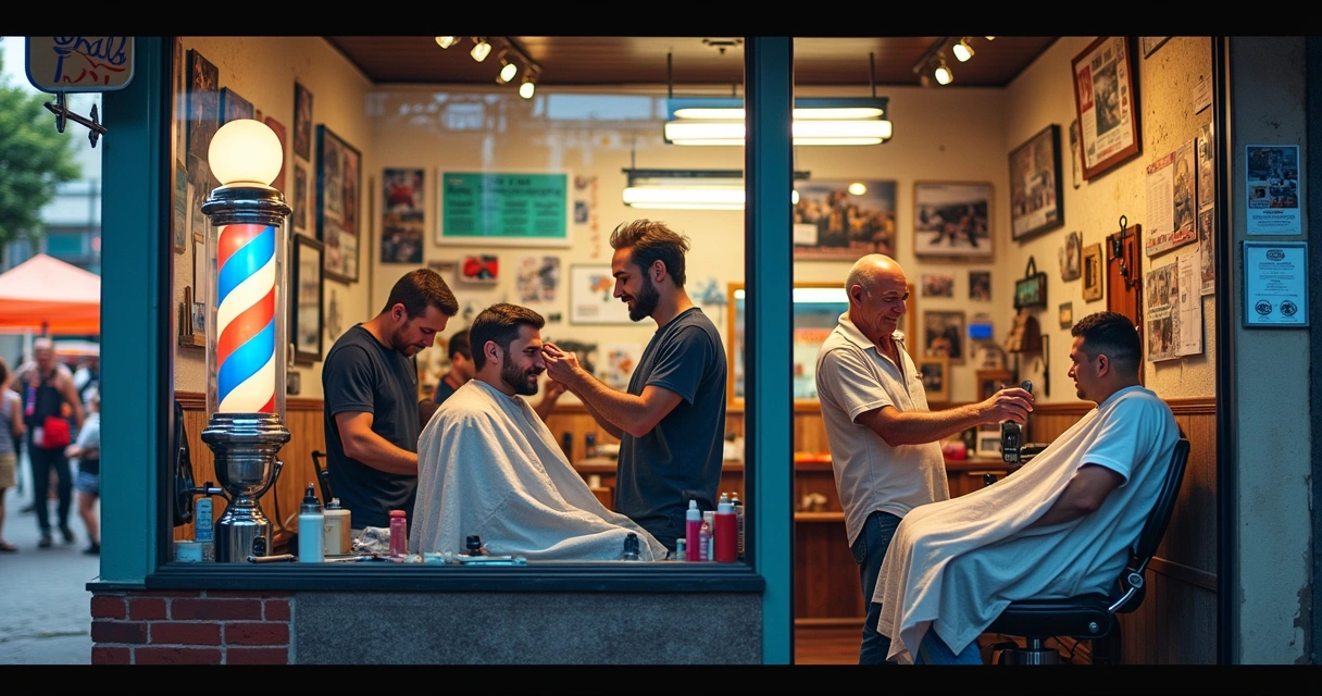 Barbearia animada com clientes, barbeiros em ação e um festival de rua ao fundo, destacando o marketing local.