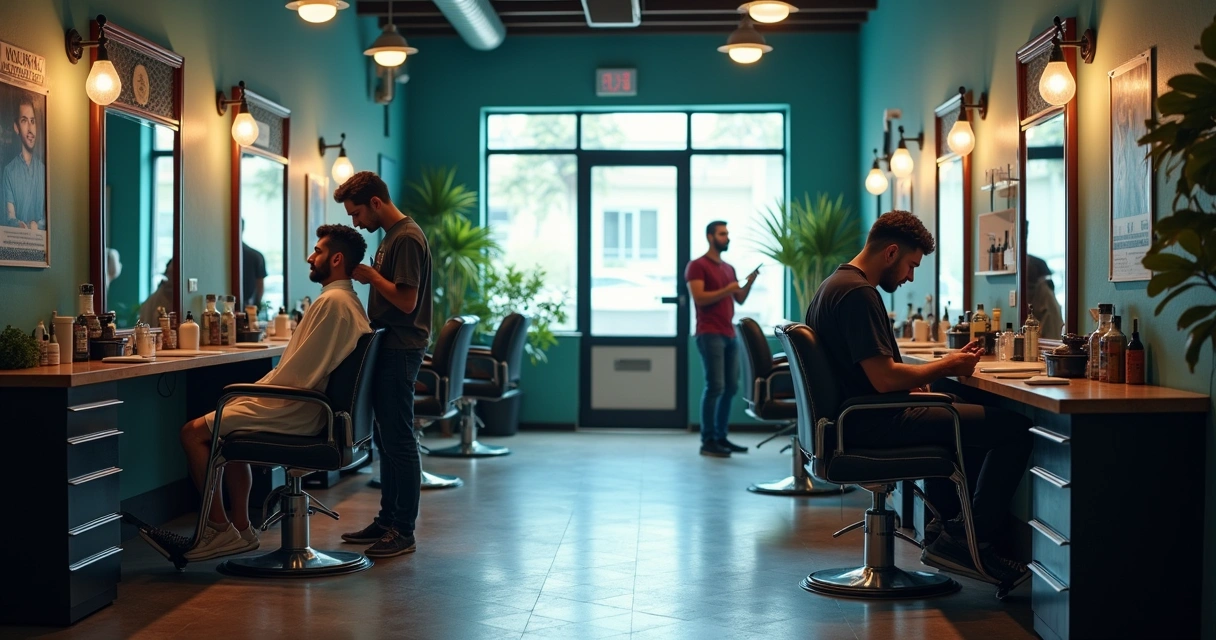 Barbearia moderna com um barbeiro cortando cabelo, celular vibrando, cliente frustrado perto da entrada.