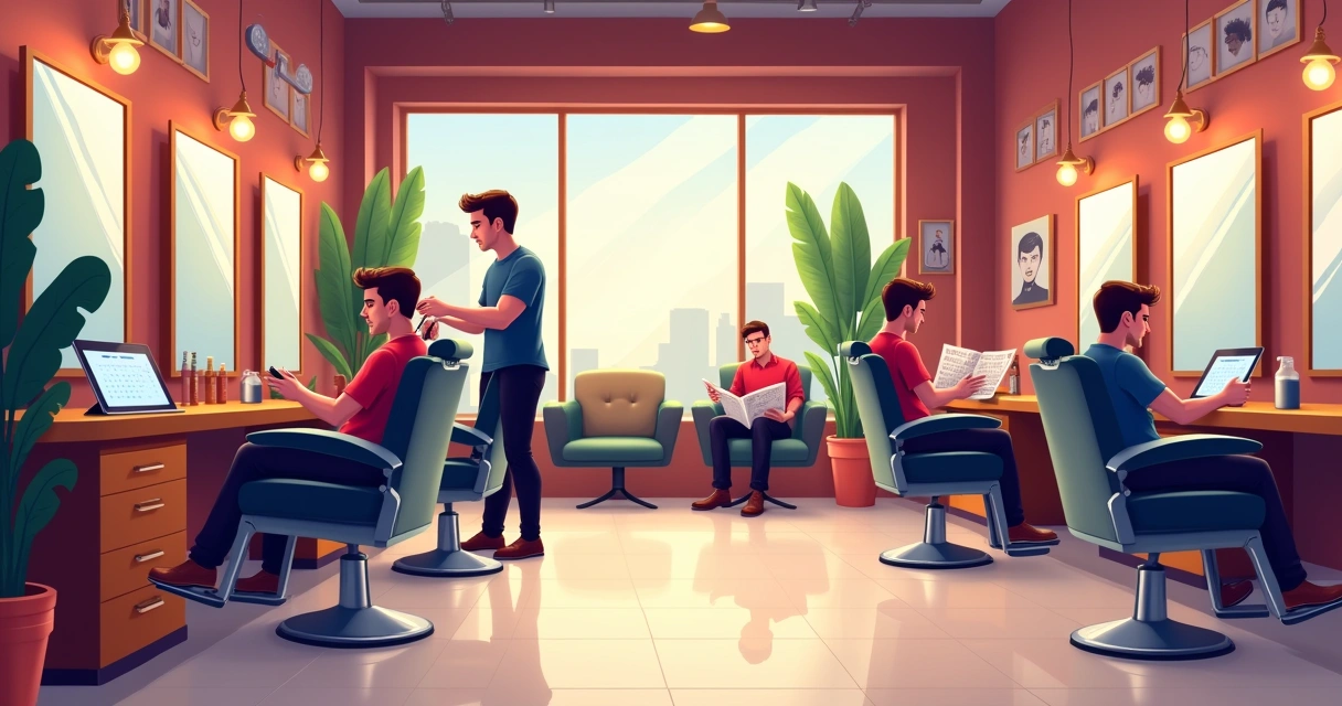 Barbearia moderna com clientes, barbearia estilosa e ambiente acolhedor, luz natural e tecnologia de gestão.