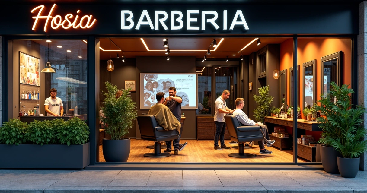 Barbearia moderna com clientes, barbeiro cortando cabelo, tela exibindo site, ambiente acolhedor e plantas.