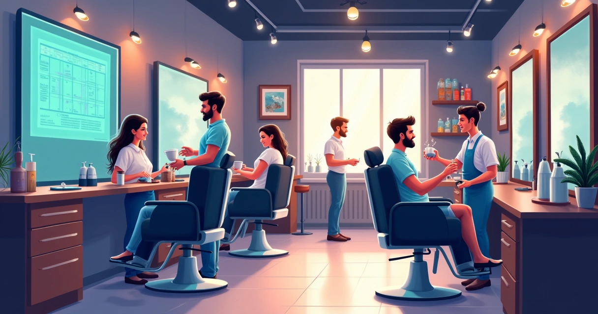Interior of a modern barbershop with a well-organized space, coffee service, and digital appointment display.