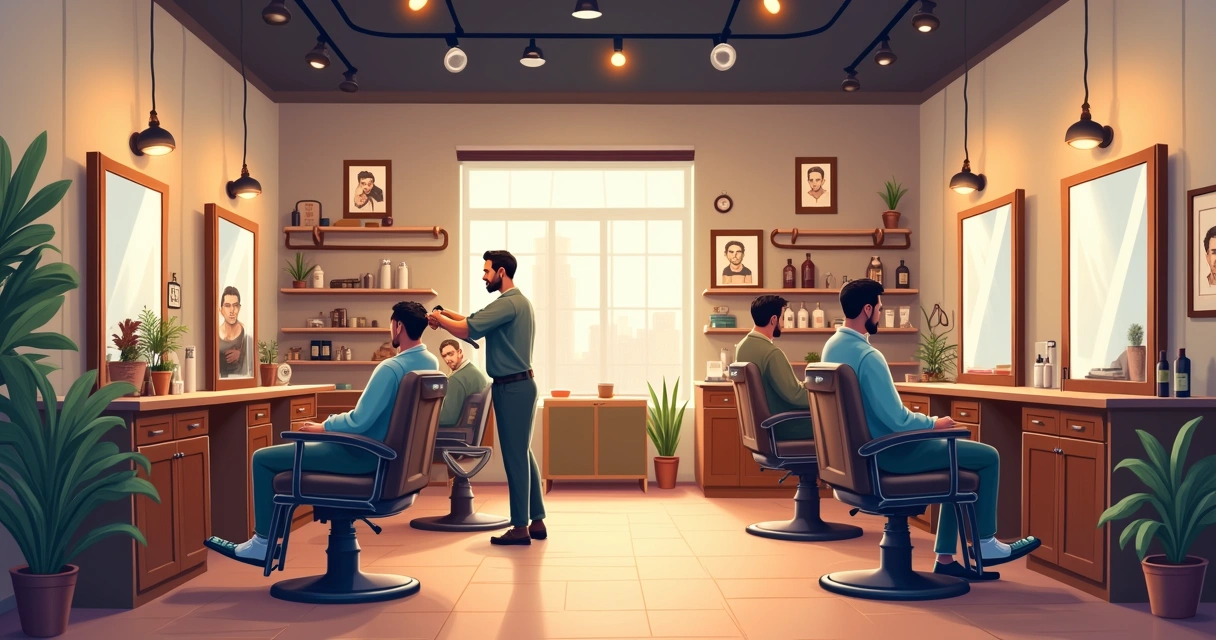 Interior of a modern barbershop with a barber cutting hair, showcasing a subscription service model.