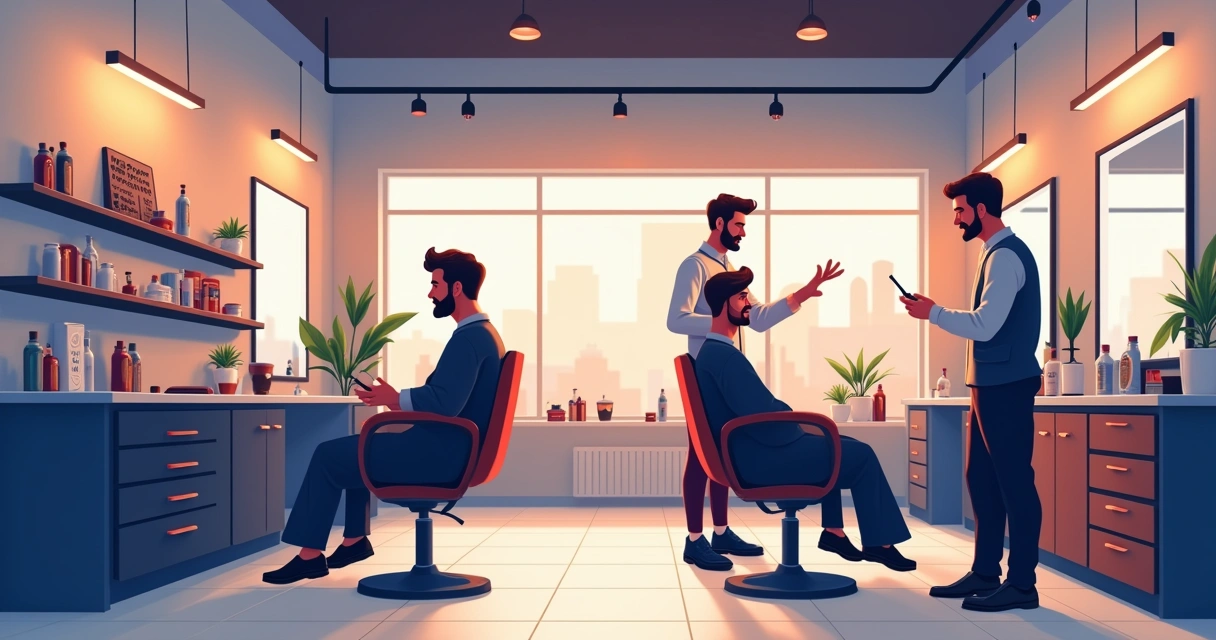 Barbearia moderna com barbeiro atendendo cliente, painel digital mostrando agendamentos e espaço acolhedor.