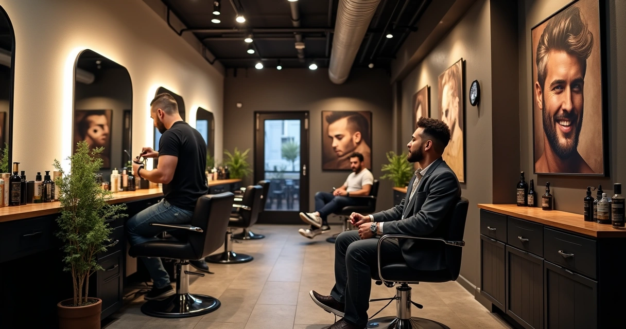 Cena de uma barbearia moderna com barbeiro cortando cabelo de um cliente satisfeito em ambiente acolhedor.