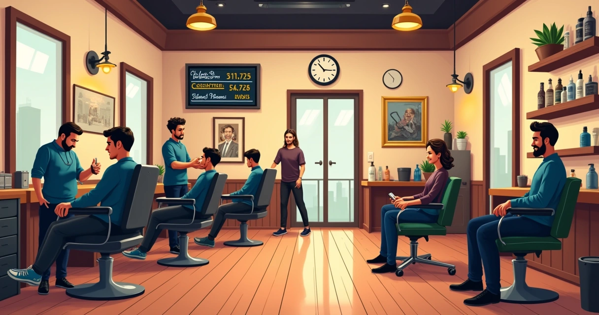 Barbearia moderna com clientes satisfeitos, barbearia ocupada e luz suave para um ambiente acolhedor.