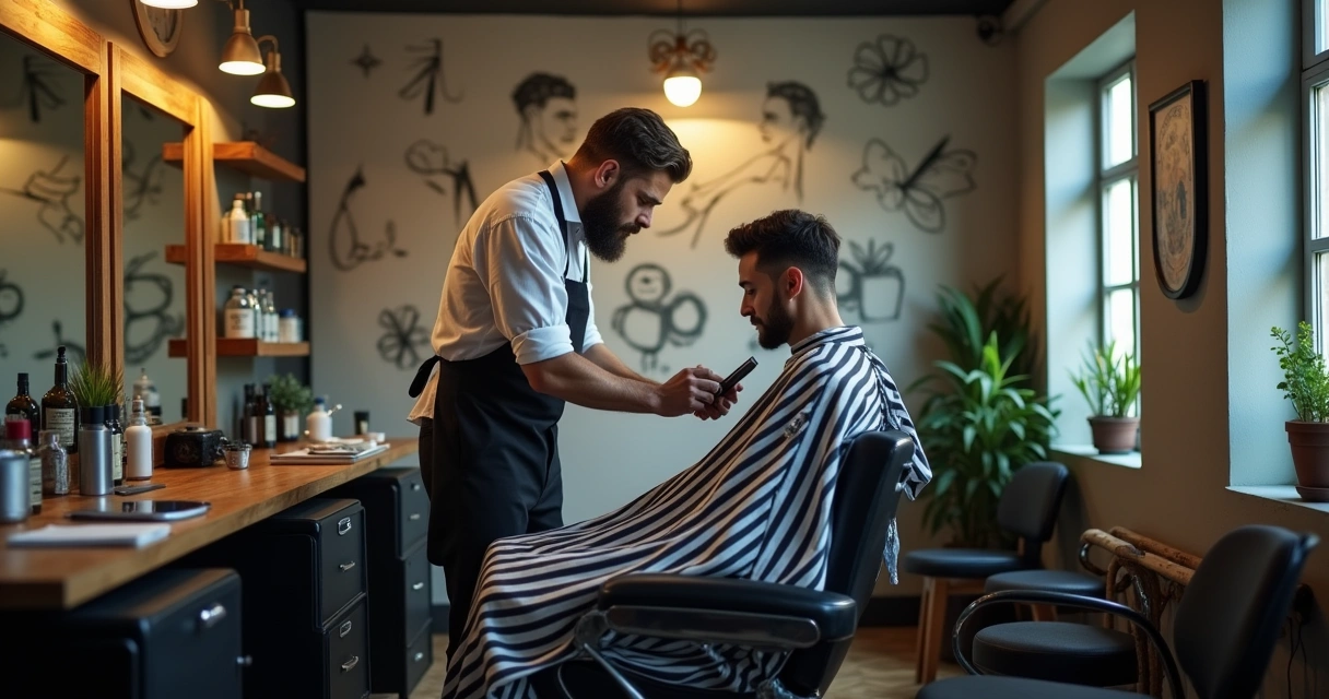 Cena de barbearia moderna com profissional atendendo cliente e celular mostrando notificações. 